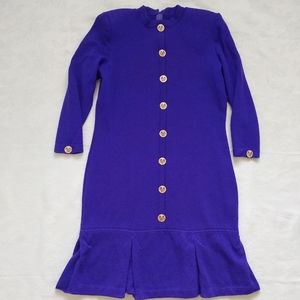 St John Collection Pleats golden buttons long sleeves Cerulean Knit Dress